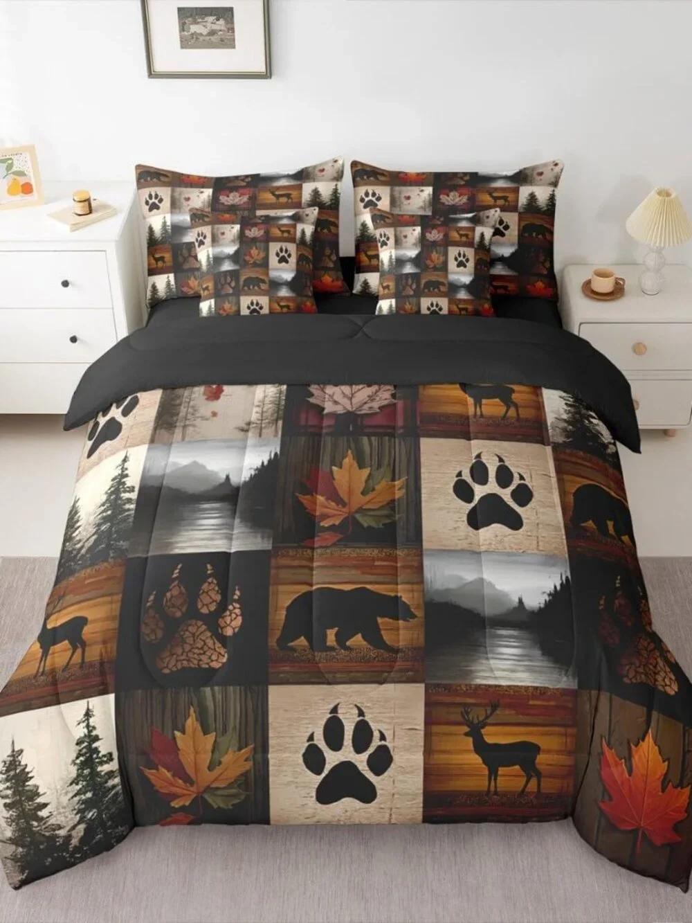 Bear Cabin Plaid Queen Comforter Set with Sheets 7 Piece Retro Hunting Deer Bed